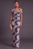 Brown Floral Cheetah Print Halter Long Wedding Guest Dress with Neck Scarf