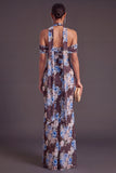 Brown Floral Cheetah Print Halter Long Wedding Guest Dress with Neck Scarf