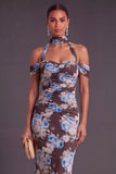 Brown Floral Cheetah Print Halter Long Wedding Guest Dress with Neck Scarf