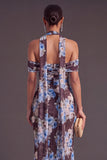 Brown Floral Cheetah Print Halter Long Wedding Guest Dress with Neck Scarf