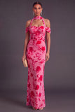 Brown Floral Cheetah Print Halter Long Wedding Guest Dress with Neck Scarf