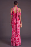 Brown Floral Cheetah Print Halter Long Wedding Guest Dress with Neck Scarf