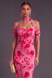 Brown Floral Cheetah Print Halter Long Wedding Guest Dress with Neck Scarf