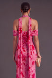 Brown Floral Cheetah Print Halter Long Wedding Guest Dress with Neck Scarf