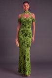 Brown Floral Cheetah Print Halter Long Wedding Guest Dress with Neck Scarf