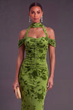 Brown Floral Cheetah Print Halter Long Wedding Guest Dress with Neck Scarf