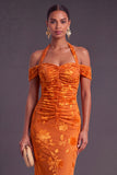 Brown Floral Cheetah Print Halter Long Wedding Guest Dress with Neck Scarf