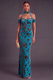 Brown Floral Cheetah Print Halter Long Wedding Guest Dress with Neck Scarf