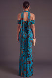Brown Floral Cheetah Print Halter Long Wedding Guest Dress with Neck Scarf