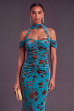 Brown Floral Cheetah Print Halter Long Wedding Guest Dress with Neck Scarf