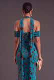Brown Floral Cheetah Print Halter Long Wedding Guest Dress with Neck Scarf