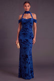 Brown Floral Cheetah Print Halter Long Wedding Guest Dress with Neck Scarf