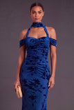 Brown Floral Cheetah Print Halter Long Wedding Guest Dress with Neck Scarf