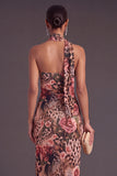 Brown Cheetah Print Mermiad One Shoulder Long Wedding Guest Dress