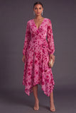 Fuchsia Floral V-Neck Asymmetrical Wedding Guest Dress with Sash