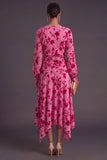 Fuchsia Floral V-Neck Asymmetrical Wedding Guest Dress with Sash