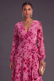 Fuchsia Floral V-Neck Asymmetrical Wedding Guest Dress with Sash