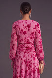 Fuchsia Floral V-Neck Asymmetrical Wedding Guest Dress with Sash