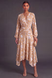 Fuchsia Floral V-Neck Asymmetrical Wedding Guest Dress with Sash
