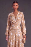 Fuchsia Floral V-Neck Asymmetrical Wedding Guest Dress with Sash
