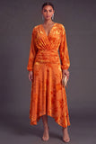 Fuchsia Floral V-Neck Asymmetrical Wedding Guest Dress with Sash