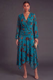 Fuchsia Floral V-Neck Asymmetrical Wedding Guest Dress with Sash