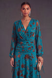 Fuchsia Floral V-Neck Asymmetrical Wedding Guest Dress with Sash
