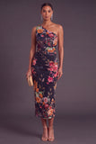 Black Red Floral One Shoulder Ruched Midi Wedding Guest Dress