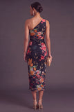 Black Red Floral One Shoulder Ruched Midi Wedding Guest Dress