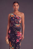 Black Red Floral One Shoulder Ruched Midi Wedding Guest Dress