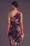 Black Red Floral One Shoulder Ruched Midi Wedding Guest Dress