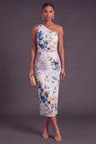 Black Red Floral One Shoulder Ruched Midi Wedding Guest Dress