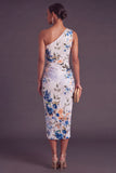Black Red Floral One Shoulder Ruched Midi Wedding Guest Dress