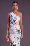 Black Red Floral One Shoulder Ruched Midi Wedding Guest Dress
