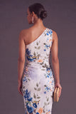 Black Red Floral One Shoulder Ruched Midi Wedding Guest Dress