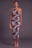 Black Red Floral One Shoulder Ruched Midi Wedding Guest Dress