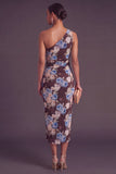 Black Red Floral One Shoulder Ruched Midi Wedding Guest Dress