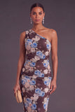 Black Red Floral One Shoulder Ruched Midi Wedding Guest Dress
