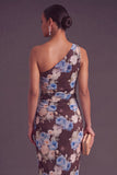 Black Red Floral One Shoulder Ruched Midi Wedding Guest Dress