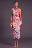 Black Red Floral One Shoulder Ruched Midi Wedding Guest Dress