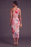 Black Red Floral One Shoulder Ruched Midi Wedding Guest Dress