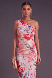 Black Red Floral One Shoulder Ruched Midi Wedding Guest Dress
