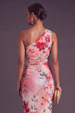 Black Red Floral One Shoulder Ruched Midi Wedding Guest Dress