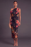 Black Red Floral Midi One Shoulder Wedding Guest Dress