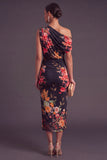 Black Red Floral Midi One Shoulder Wedding Guest Dress