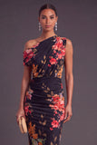 Black Red Floral Midi One Shoulder Wedding Guest Dress