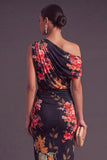 Black Red Floral Midi One Shoulder Wedding Guest Dress