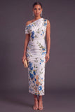 Black Red Floral Midi One Shoulder Wedding Guest Dress