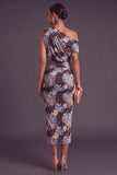 Black Red Floral Midi One Shoulder Wedding Guest Dress