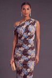 Black Red Floral Midi One Shoulder Wedding Guest Dress